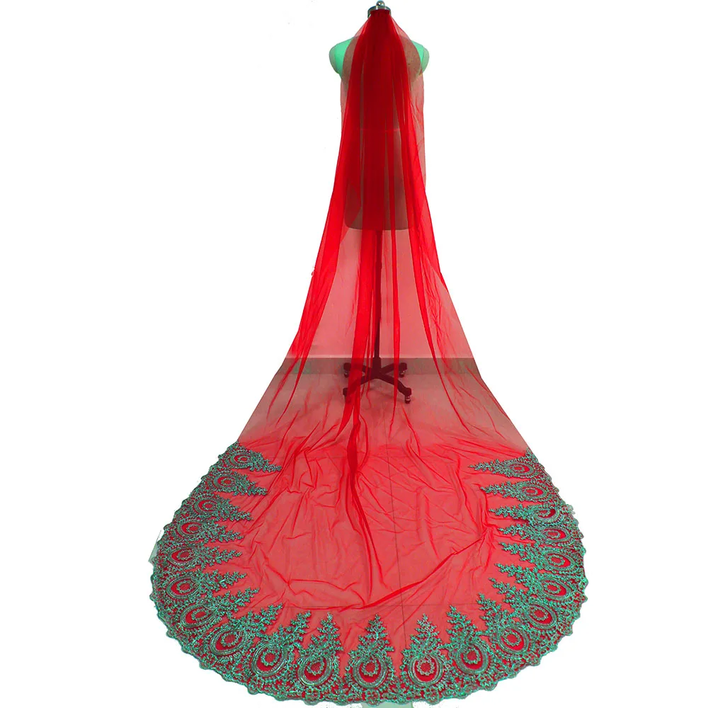 Реальные фотографии Золотой кружевной синий тюль Длинная свадебная вуаль один