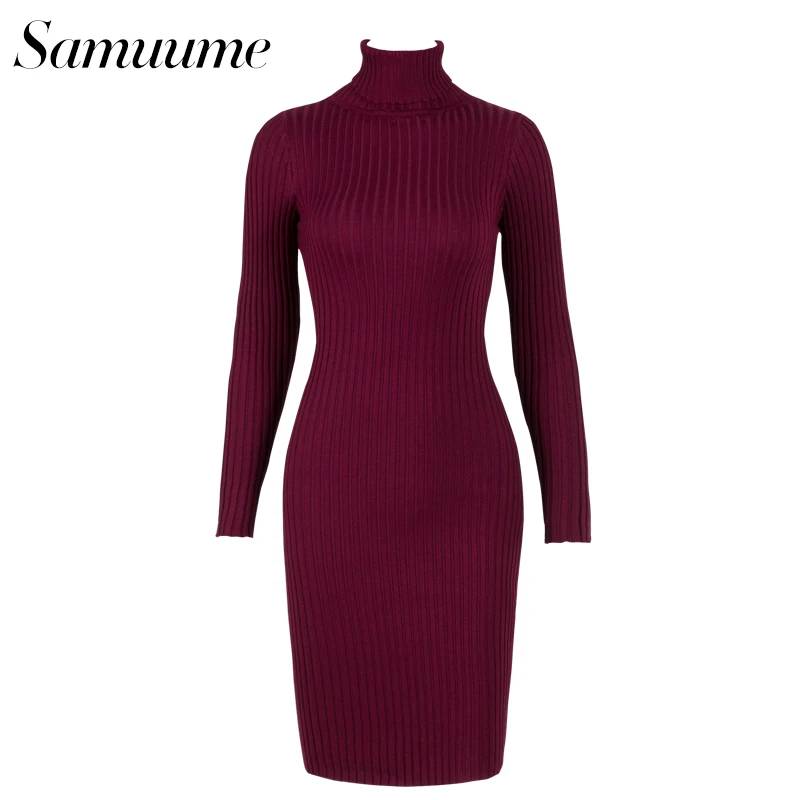 Samuume Elegant Long Sleeve Turtleneck Knitted Dress Autumn Warm Bodycon Winter Wrap Pencil Sweater Dresses Vestido A1708050 | Женская