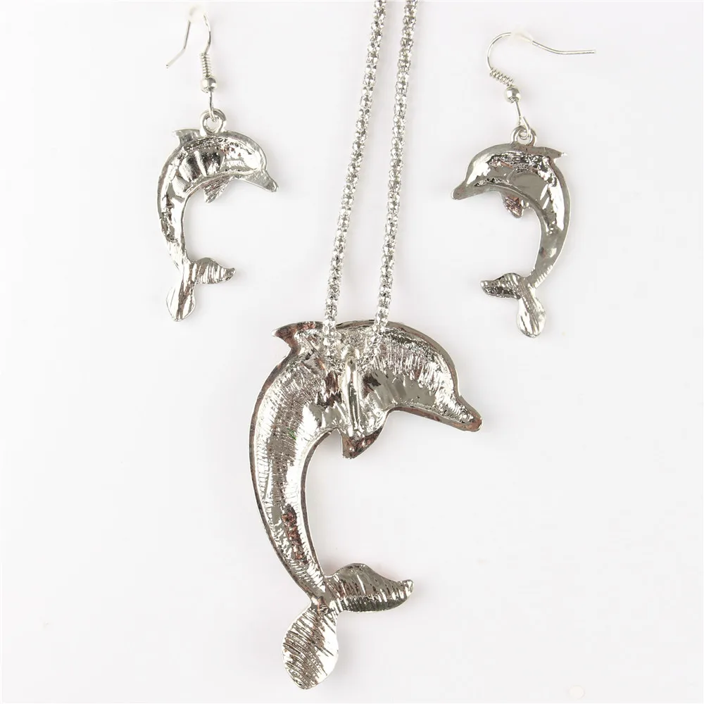 Ожерелье с дельфинами и рыбками золотистые Серебристые серьги для вечеринки
