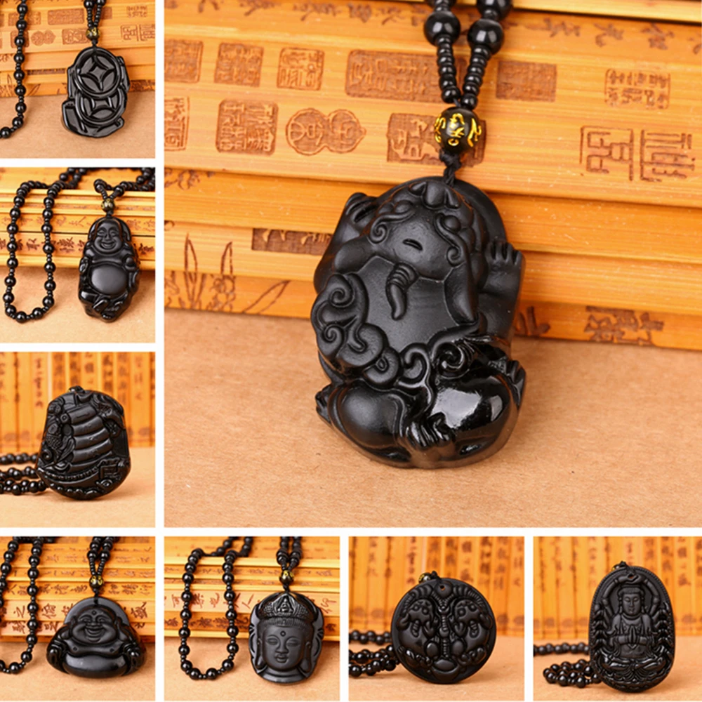 Ожерелье с подвеской амулетом из натурального черного обсидиана 3 А|Подвески| |