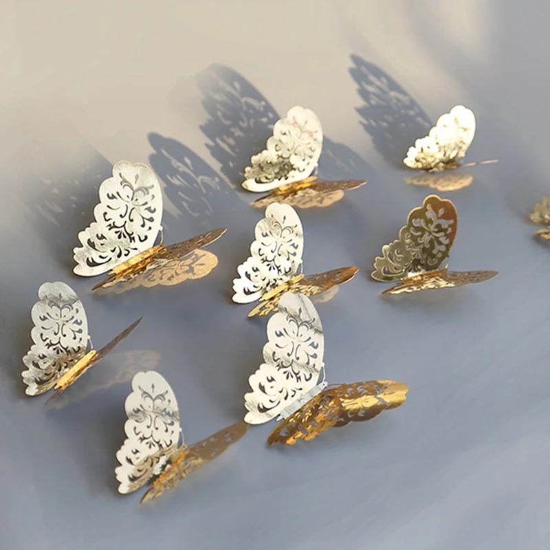 

12Pcs/Set 3D Wall Stickers Butterfly Hollow Paper Silver Gold For Fridge Stickers Home Party Wedding Decor