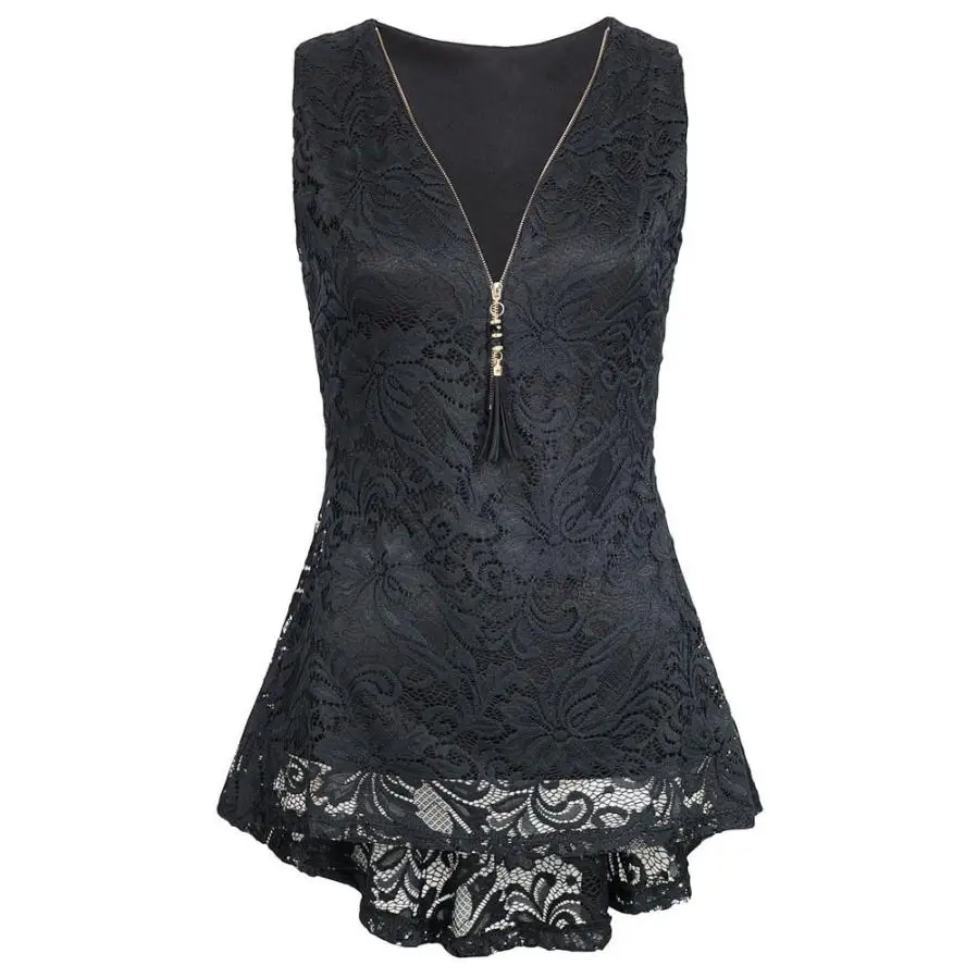 Camisetas mujer verano, женские топы, летние, цветочные, кружевные, на молнии, майка, женская, без рукавов, тонкий жилет, Чистые Топы 5/4 - Цвет: Black