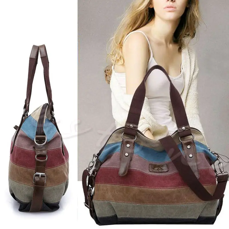 

Newest Arrival Women Lady Stripe Canvas Handbag Hit Color Shoulder Messenger Crossbody Bag Tote Outdoor Bags