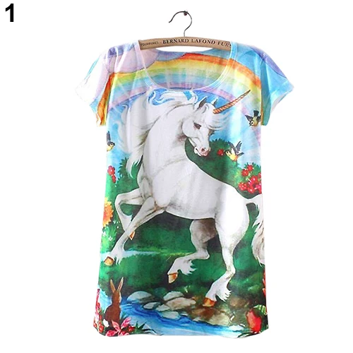 Популярные винтажные летние женские с коротким рукавом Единорог Графический