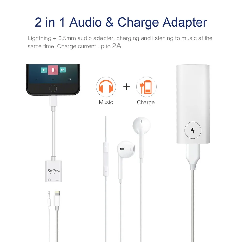 Lightning to 3.5mm Adapter and Splitter Smiler+ Upgraded iPhone Audio Headphone Jack Charge Cable Charger for |