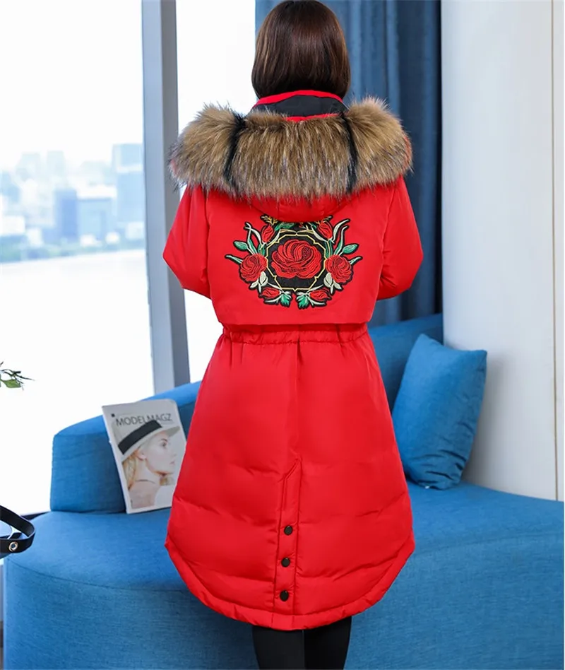 Новинка, большие размеры, 5XL, зимние парки, Женская хлопковая куртка, меховой воротник, с капюшоном, с вышивкой, пальто, женские, Утолщенные, с хлопковой подкладкой, куртки N201