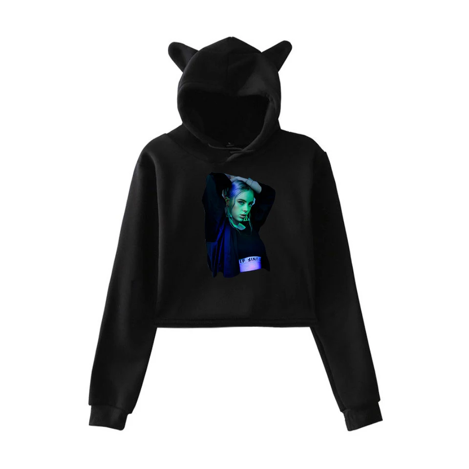 Billie Eilish Толстовка Harajuku милый кот Негабаритных Толстовки Кофты Розовый женский хит-хоп толстовка летняя укороченная верхняя одежда