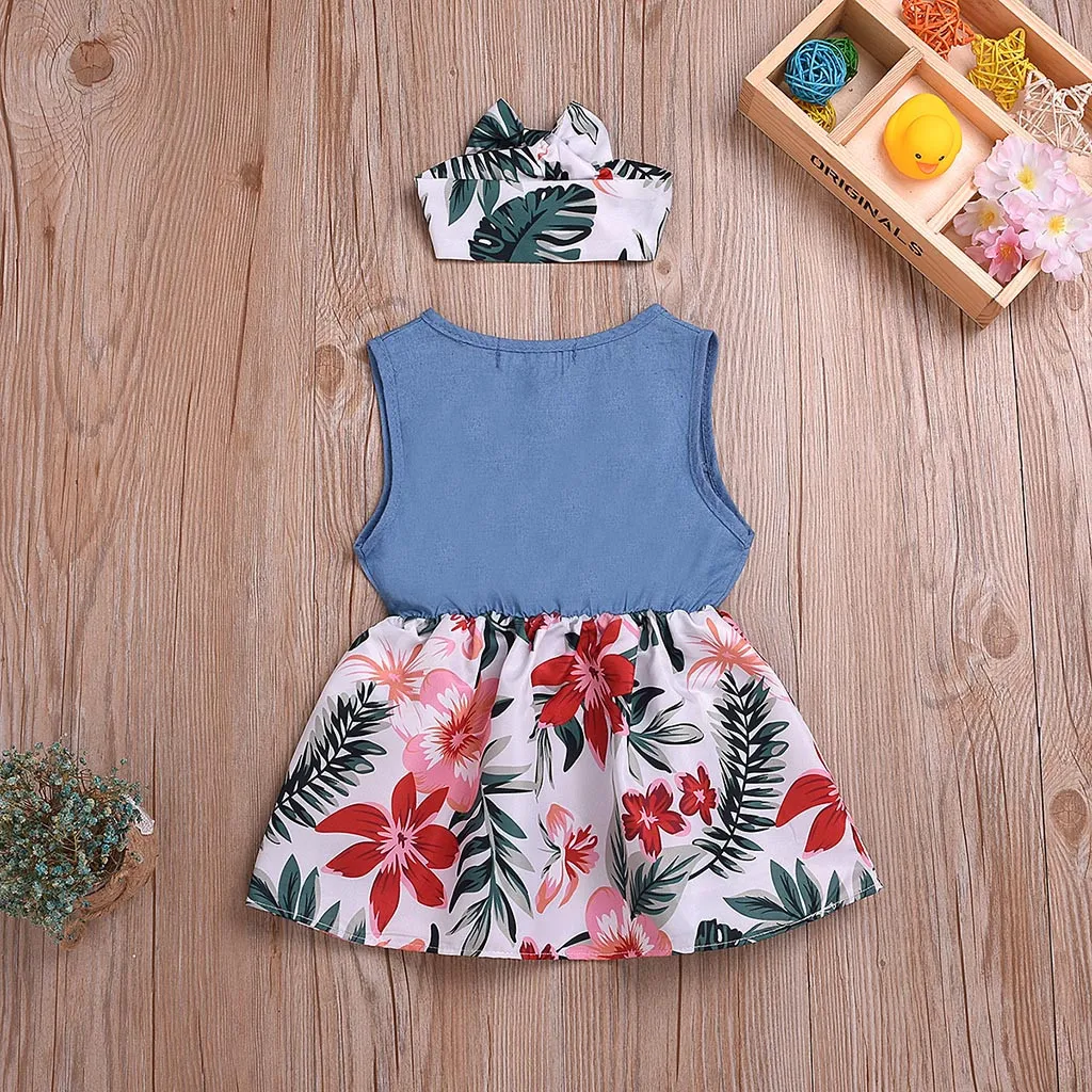 Solid Button Denim Dress Baby Girls Sleeveless Bow Flower Leaf Print Dress+Headband Outfits Princess Clothing M0507 | Детская одежда и