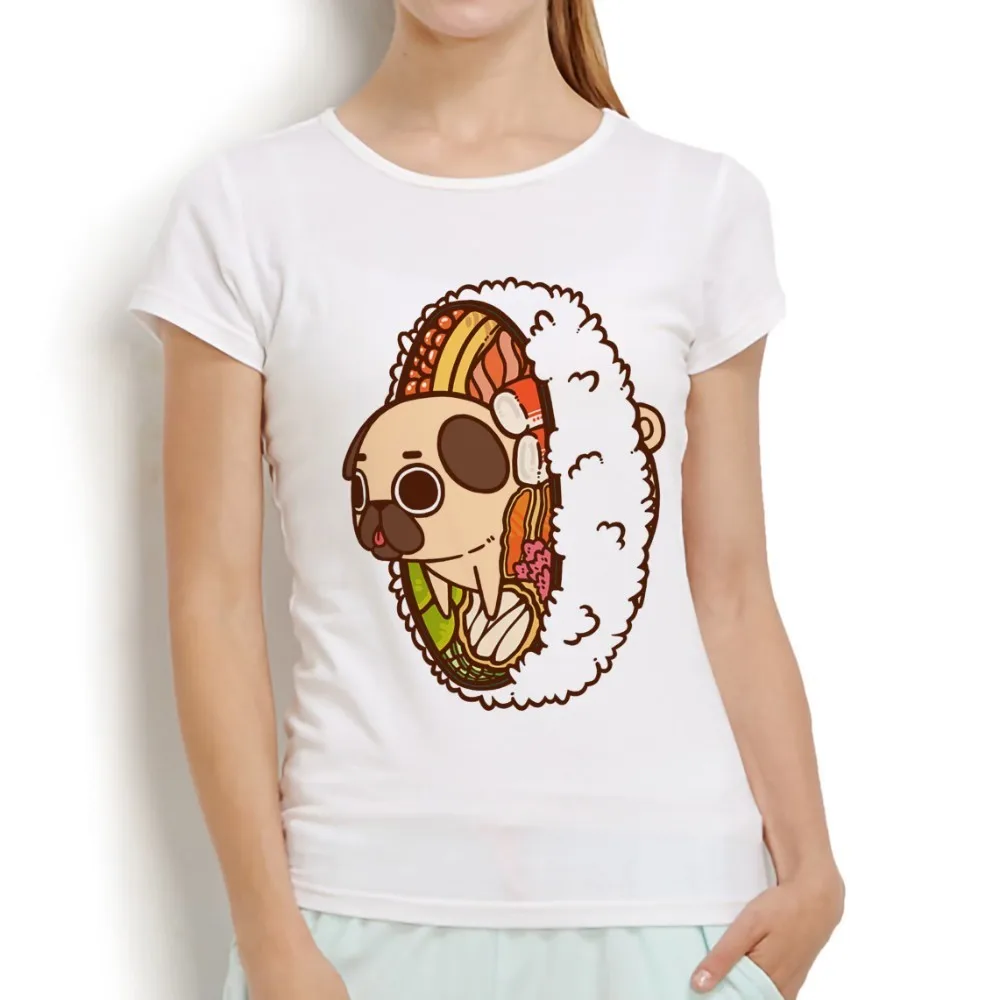 Милых Мопсов суши Забавный футболка женская летняя обувь Новые Белые