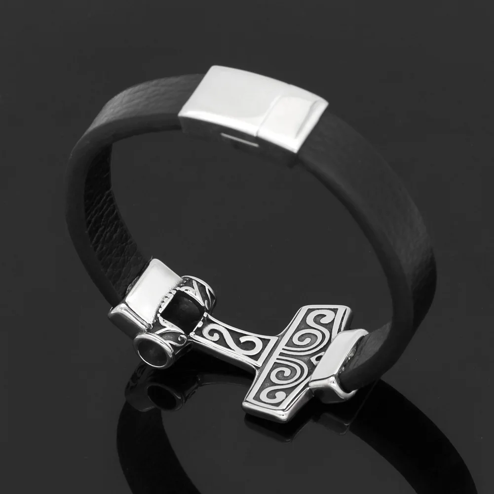 Мужской браслет Молот Тора MJOLNIR из натуральной кожи нержавеющая сталь с