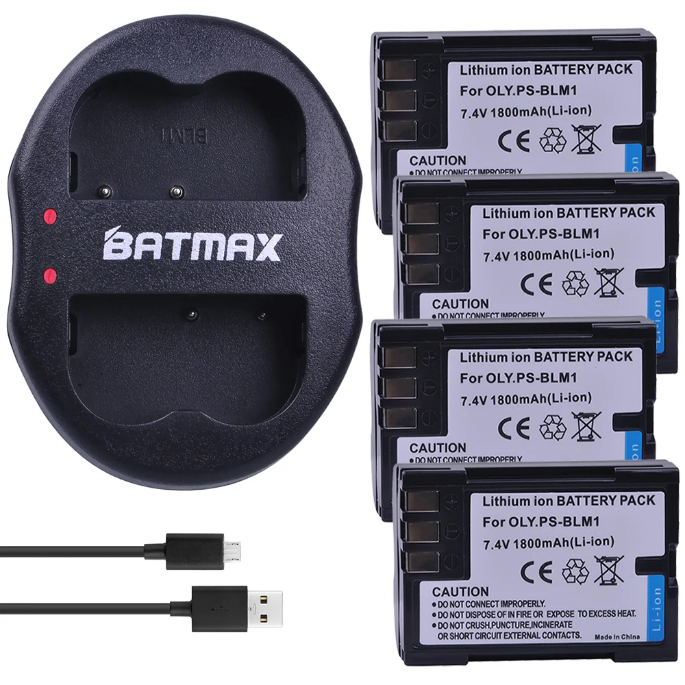 Batmax 4Pc PS-BLM1 Batteries BLM-1 PS BLM1 Battery Accu+Dual USB Charger for Olympus E-300 E-330 E-500 E-510 C-5060 C-7070 C-808 |