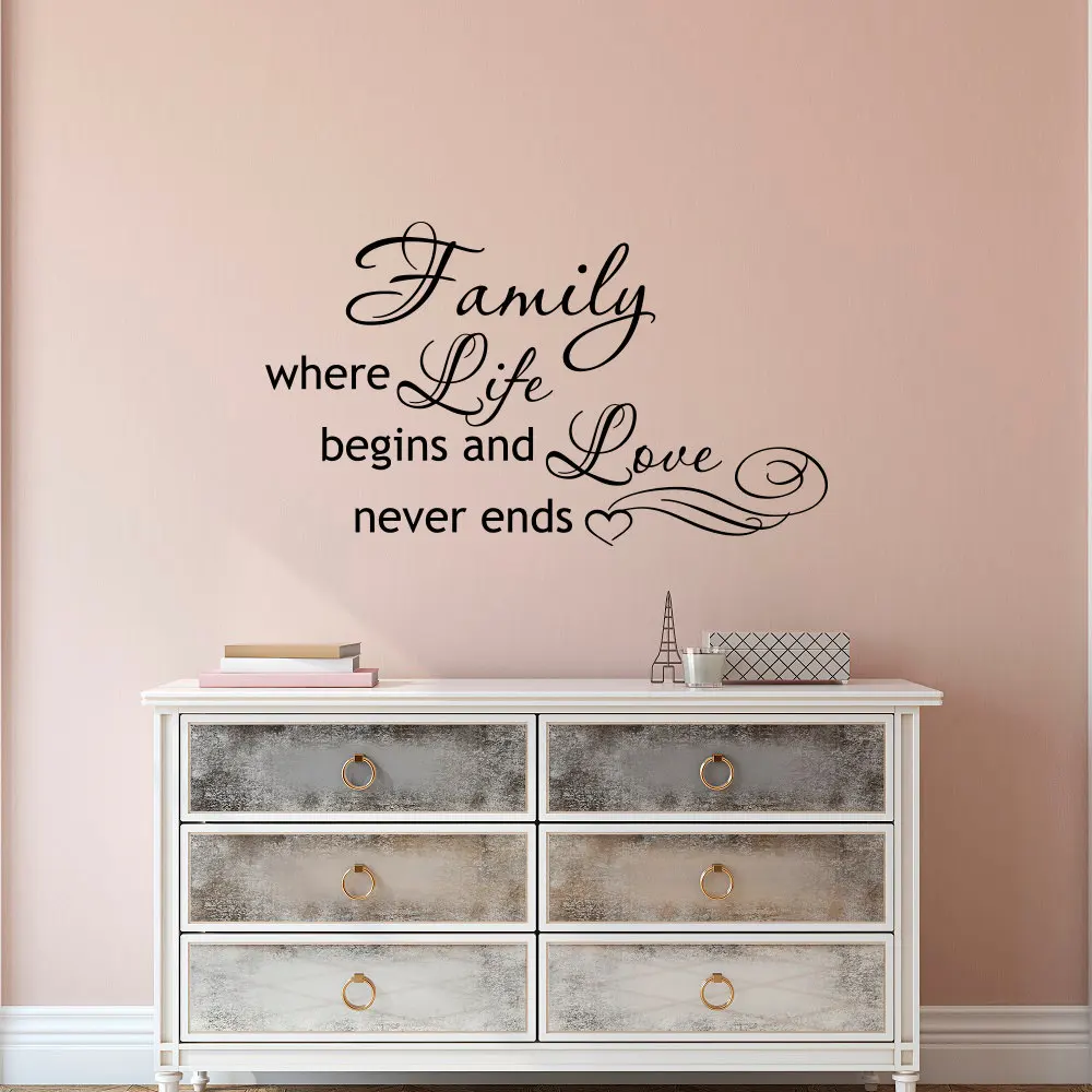 Семейная наклейка на стену с цитатой семья где жизнь начинается и любовь никогда