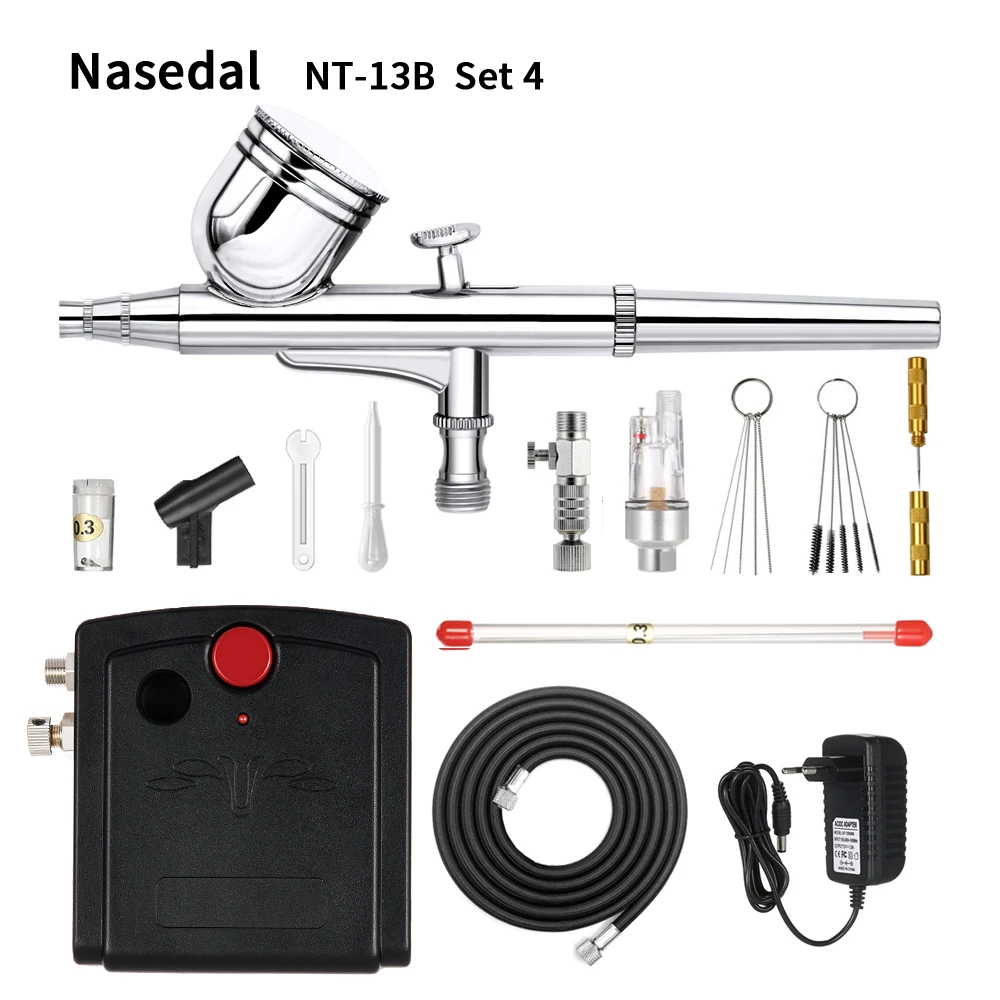 NT-13B Set4 Nasedal, Двойное действие, аэрограф, компрессор, комплект, пистолет-распылитель, макияж, автомобильный краскопульт, дизайн ногтей, краска, тату, модель, торт, автомобильная краска, инструмент - Цвет: NT-13B Set4