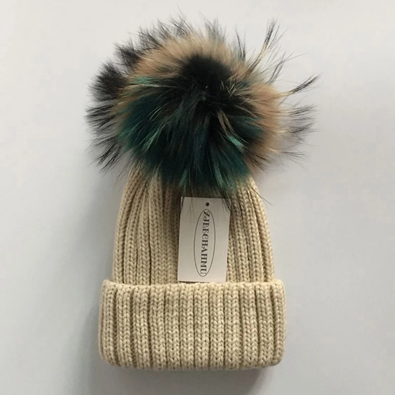 Women Beige Модная новинка, помпоны из натурального Лисьего меха и норки, 15 см, Skullies Beanies, шапки для женщин и девочек, зимние шапки, детские шапки, шапка - Цвет: Women Beige
