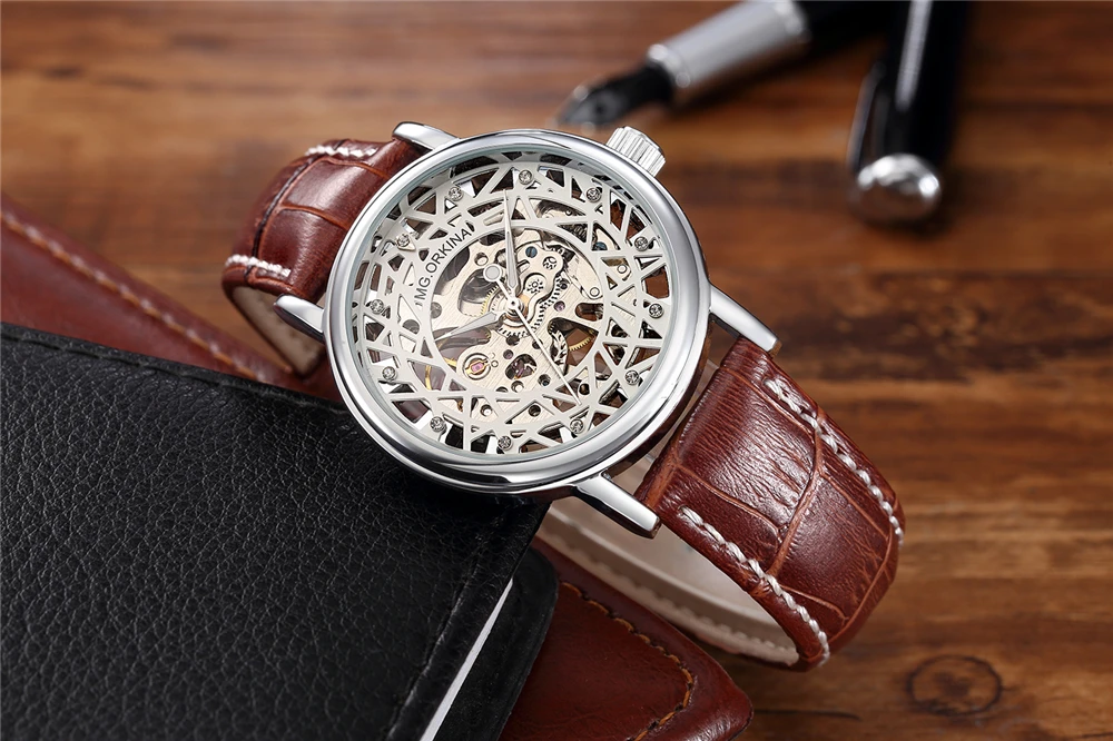 Женские Механические часы с бриллиантами ORKINA брендовые наручные серебристым