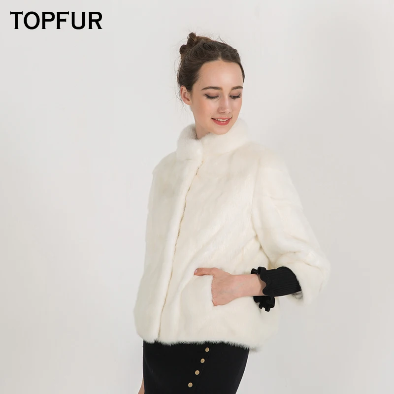 TOPFUR New Arrival White Full Pelt Mink Fur Coats For Women With Standing Collar Short Coat High Quality Mink Fur Jacket