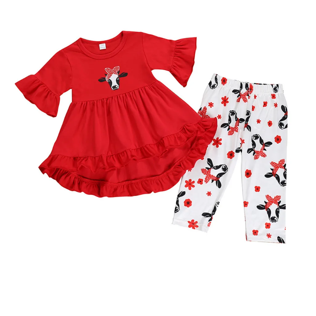 Детская одежда для маленьких девочек топ с оборками и мультяшным принтом + штаны