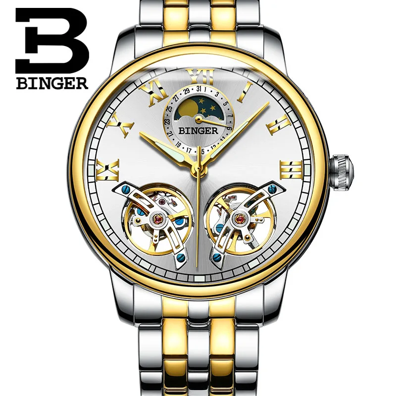 Double tourbillon Luxury Men watch Automatic mechanical Watch BINGER Famous Brand Watch Gold Case Blue Dial Double relogio - Цвет: 04