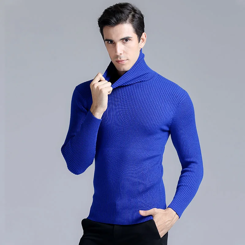 Мужской модный пуловер плотный свитер однотонный тонкий водолазка теплые
