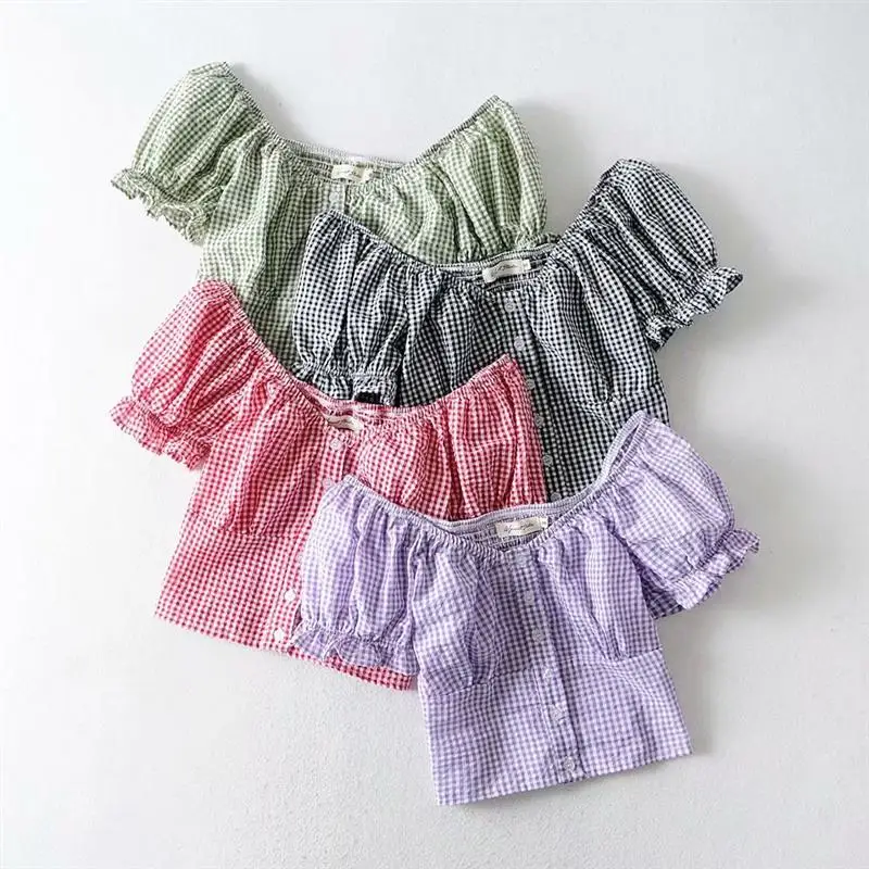 Винтажная Сексуальная Элегантная блузка, женские рубашки, Boho Sqaure, на пуговицах, спереди, укороченная блузка, Gingham, с пышными рукавами, женские топы, уличная одежда