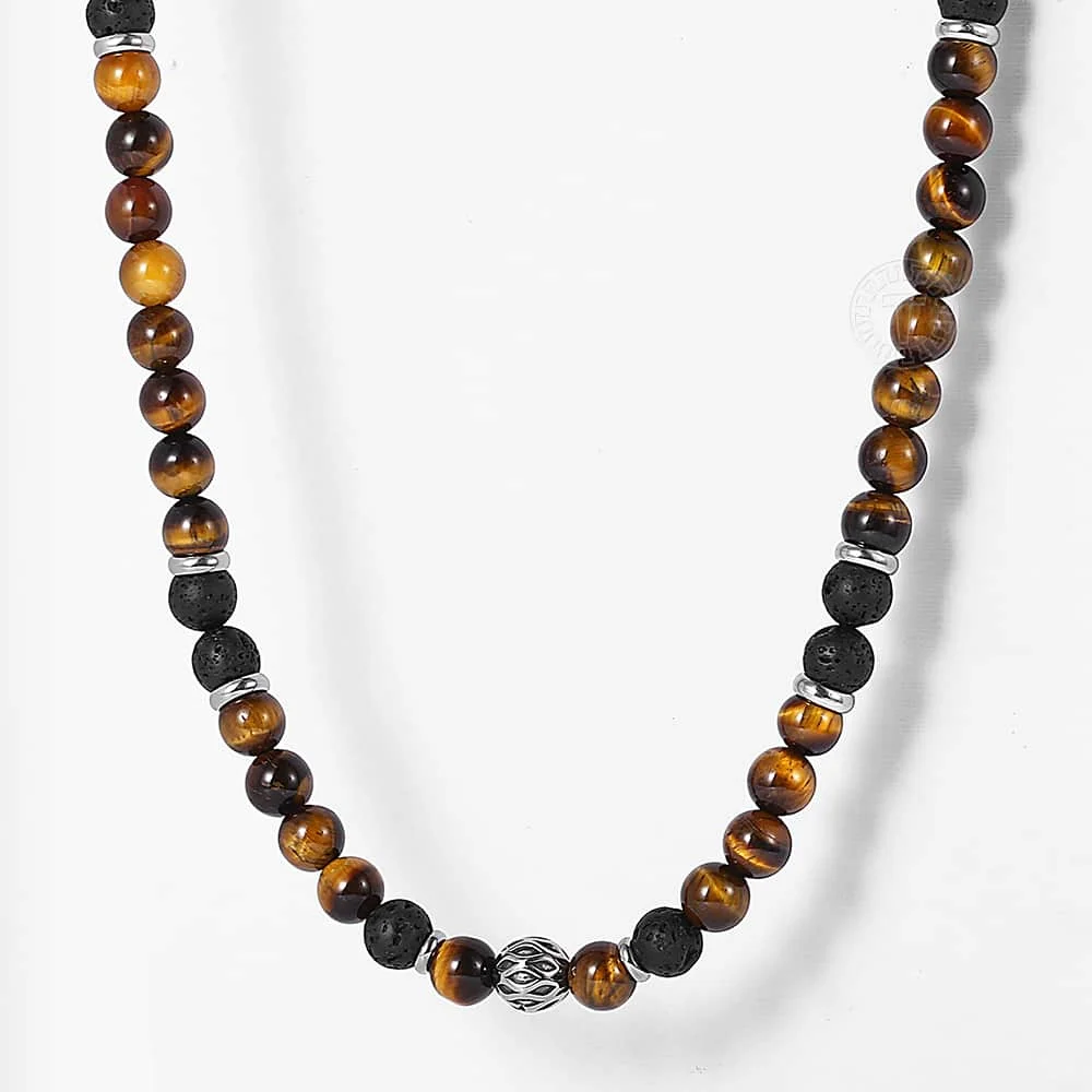 8mm Men's Unique Natural Tiger Eyes Stone Lava Bead Necklace Stainless Steel Bead Charm Link Chain Male Jewelry Gift TNB002