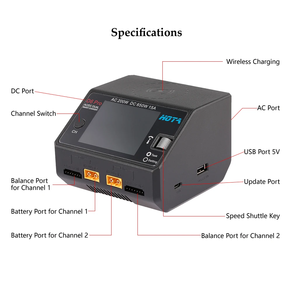 hota d6 pro charger rc car drone parts ac200w dc650w 15a 16s for lipo nimh battery phone wireless charging smart battery free global shipping