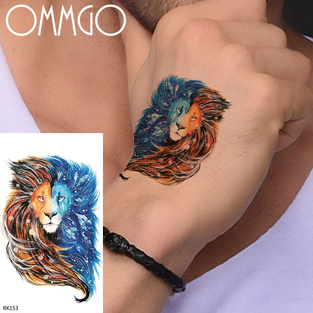 

OMMGO Lion Galaxy Temporary Tattoos Sticker For Men Women Colorful Fake Tatoos Body Art Arm Tattoo Blue Waterproof Tatoos Women