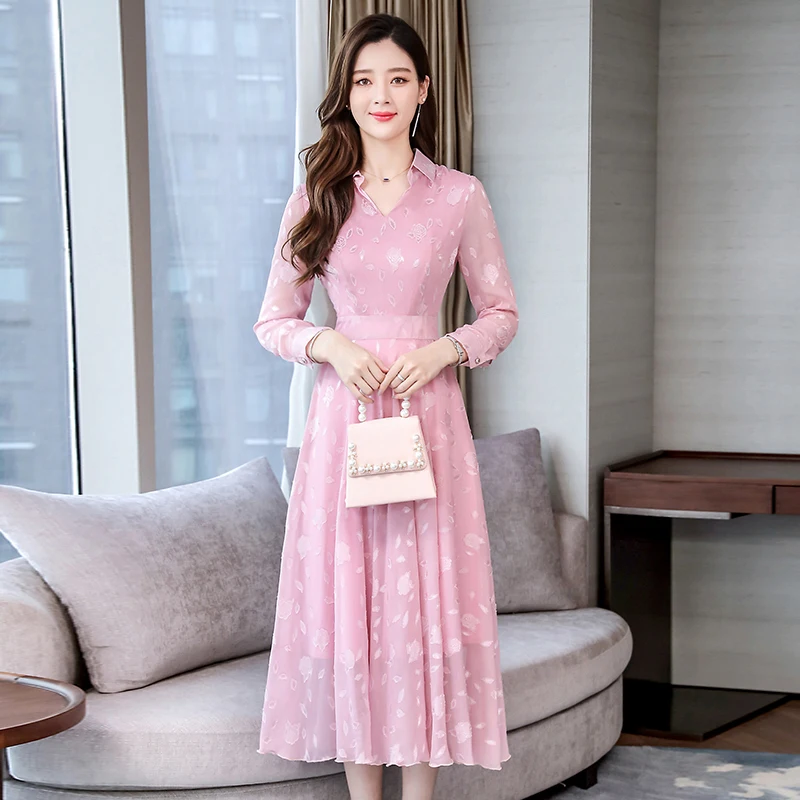 Dingaozlz Vestidos, M-3XL, новинка, отложной воротник, повседневное платье, тонкий длинный рукав, плюс размер, платье,, Осеннее шифоновое платье