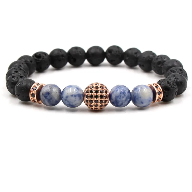 

HOBBORN Trendy 8mm Natural Stone Bracelet Women Men Matt Lava Stone Mix Strand CZ Crystal Beads Bracelets Meditation Jewelry