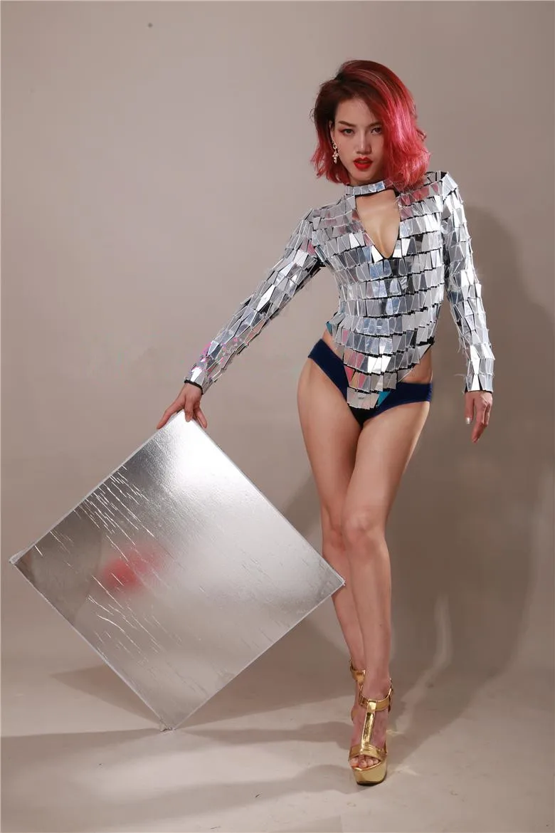Shining Mirror Sexy V-neck Bodysuit Reflective Lens Long Sleeve Jumpsuit One Piece Bar Female DS Costume Nightclub Dance Outfit