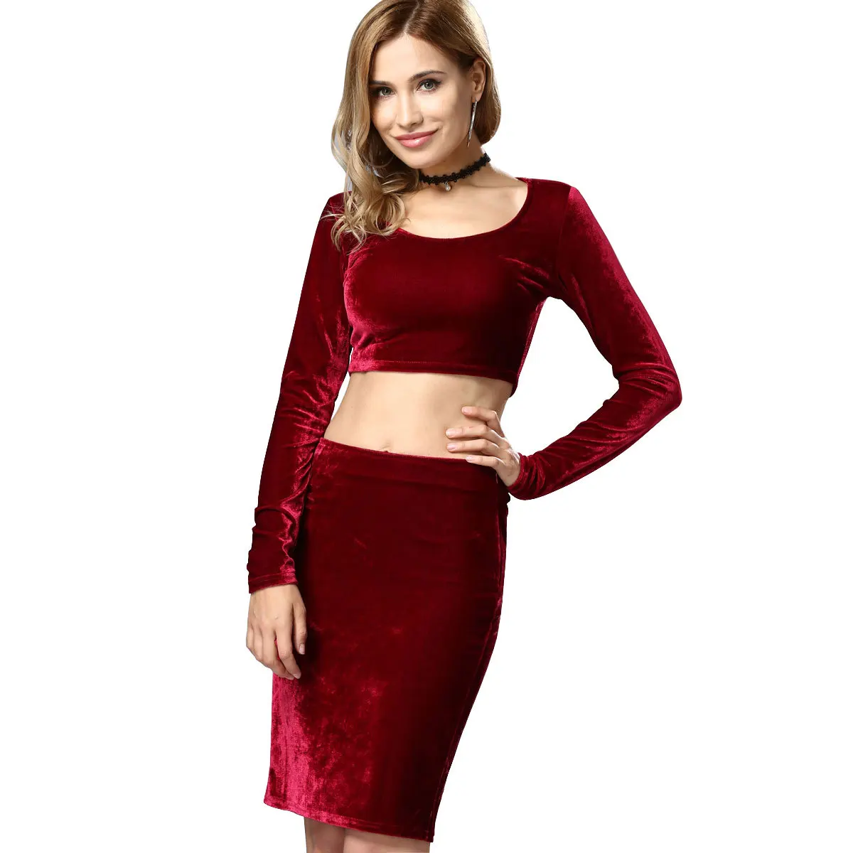 Женский комплект сексуальные Бархатные наряды облегающий короткий топ с длинным
