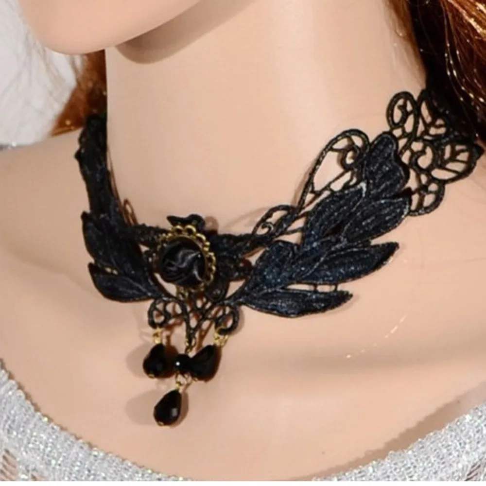 Готическое винтажное Черное Кружевное колье с цветком бусы подвеска кисточкой