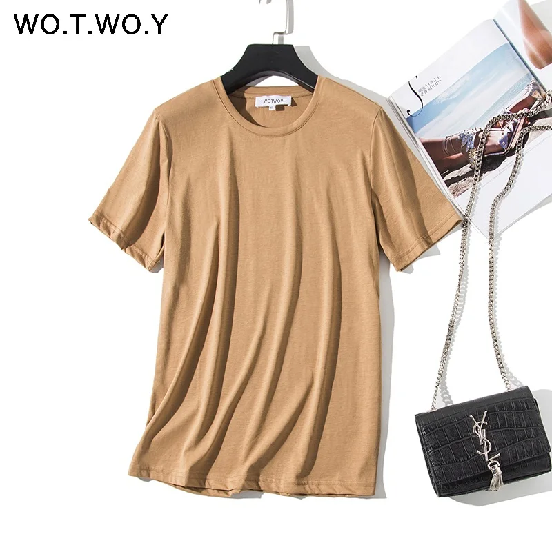 009Khaki WOTWOY Новинка Высокое качество базовые свободные футболки женские летние с круглым вырезом короткий рукав тонкая футболка женская 12 цветов размера плюс Топы - Цвет: 009Khaki