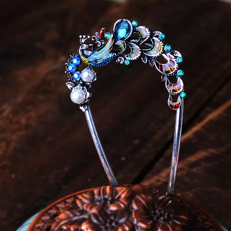 Китайский стиль u образная эмалированная заколка для волос с павлином женские