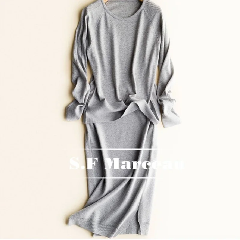 

CBAFU women's cashmere sweater knitting skirt suit 2 piece set autumn winter female knitted tracksuit trouser set elastic P092