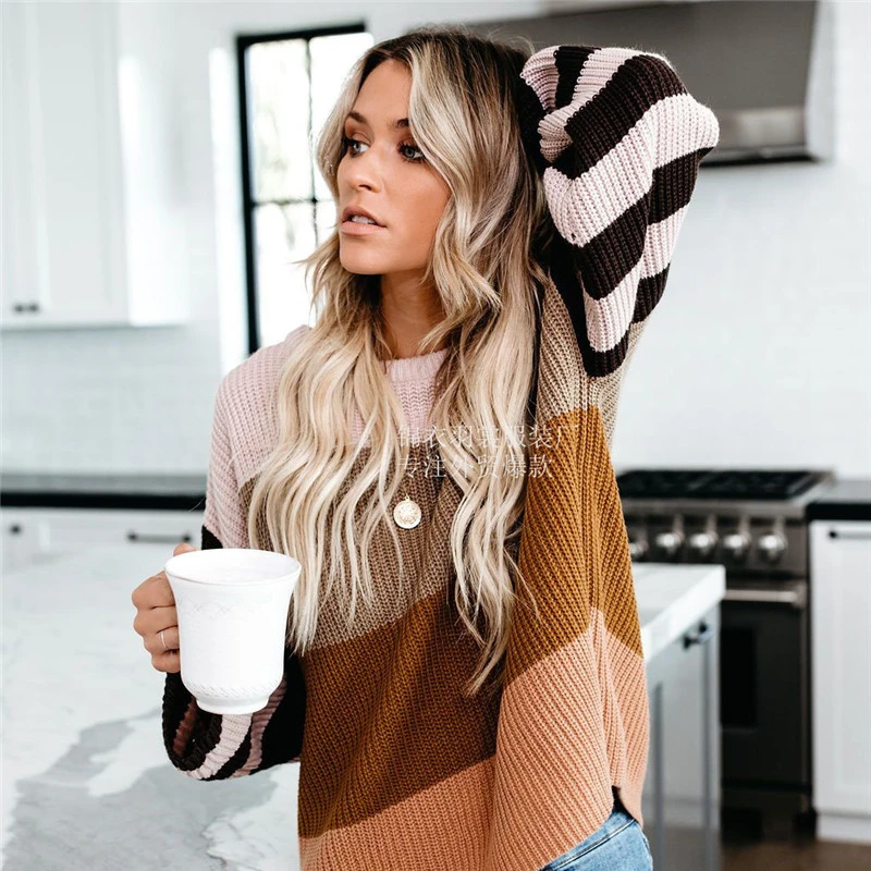 

2020 New Arrival Korea Style Casual Patchwork Sweater Women Round Neck Stripe Sleeves Sweater