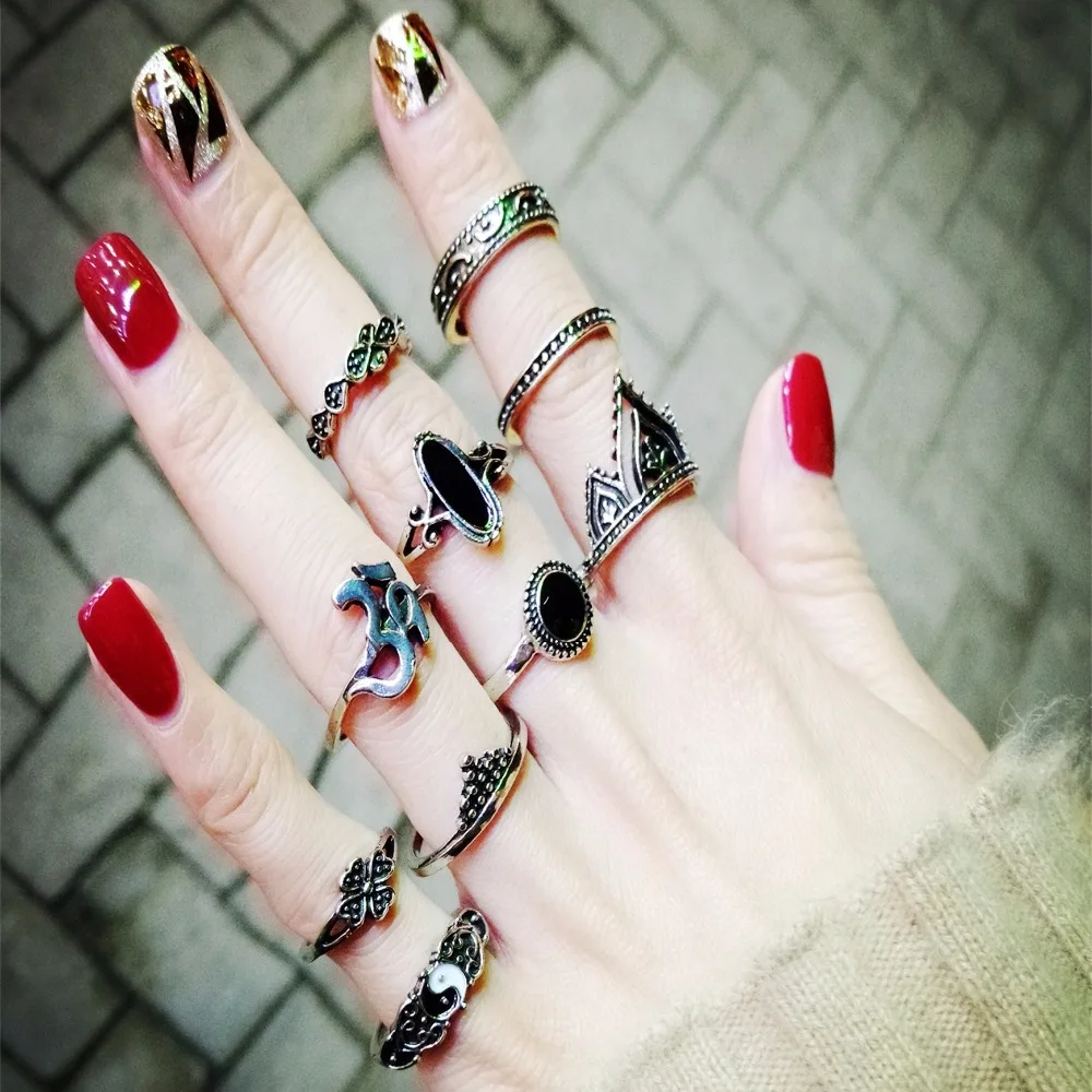 10 Pcs/Set Fashion Flower Midi Sets Gossip Moon Star Crown Retro Crystal Opal Knuckle Rings for Women Jewellery | Украшения и