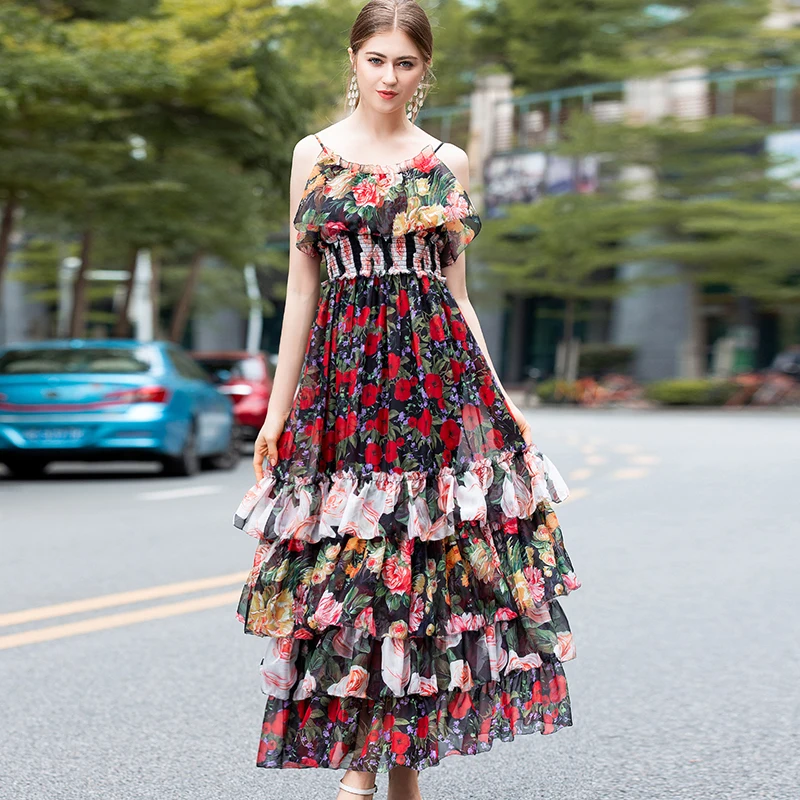 Женское платье с цветочным принтом длинное на бретельках высокого качества
