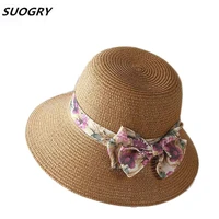 suogry women straw hat wide brim panama bow sun hats for women chapeu feminino summer hat