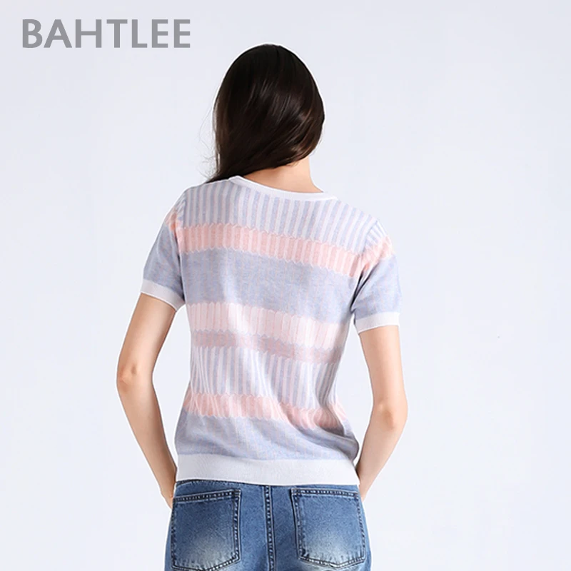 BAHTLEE Женская летняя футболка Tencel трикотажные короткие рукава оборки с круглым