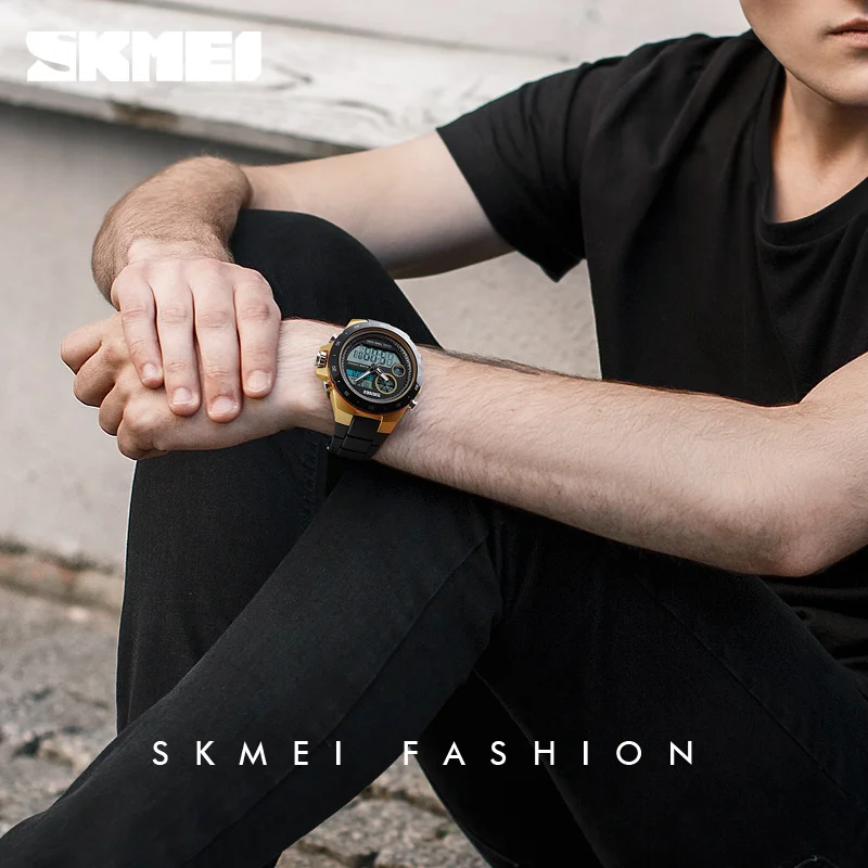 Спортивные цифровые часы SKMEI для мужчин водонепроницаемые с двойным дисплеем ПУ