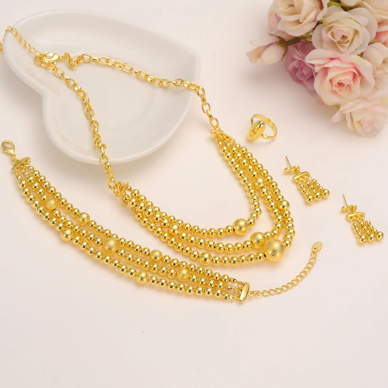 

Gold Color Bead Jewelry sets Round Pendant Chain Necklace Ball drop Earrings for Women Arab/Africa Ethiopian Jewelry girlscharms