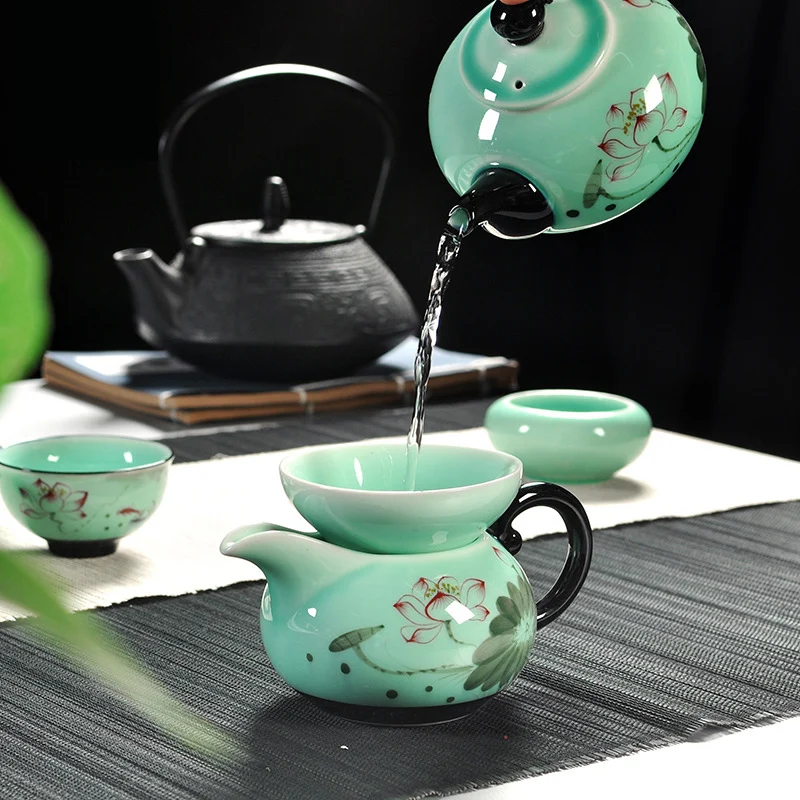 11 шт., креативный китайский чайник Longquan celadon, чашка кунг-фу, лотос, данфэн, чайный горшок, ситечко, керамическая чайная посуда, чайный сервиз, подарочная коробка
