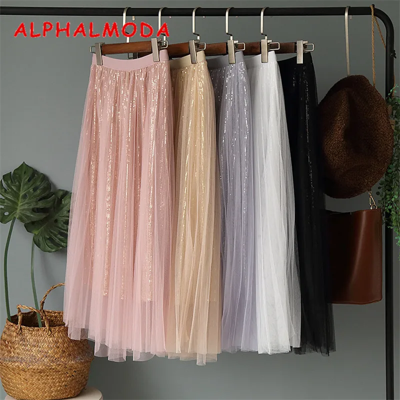 

Женская юбка с блестками ALPHALMODA, однотонная с высокой талией и блестками из газовой ткани на весну 2019