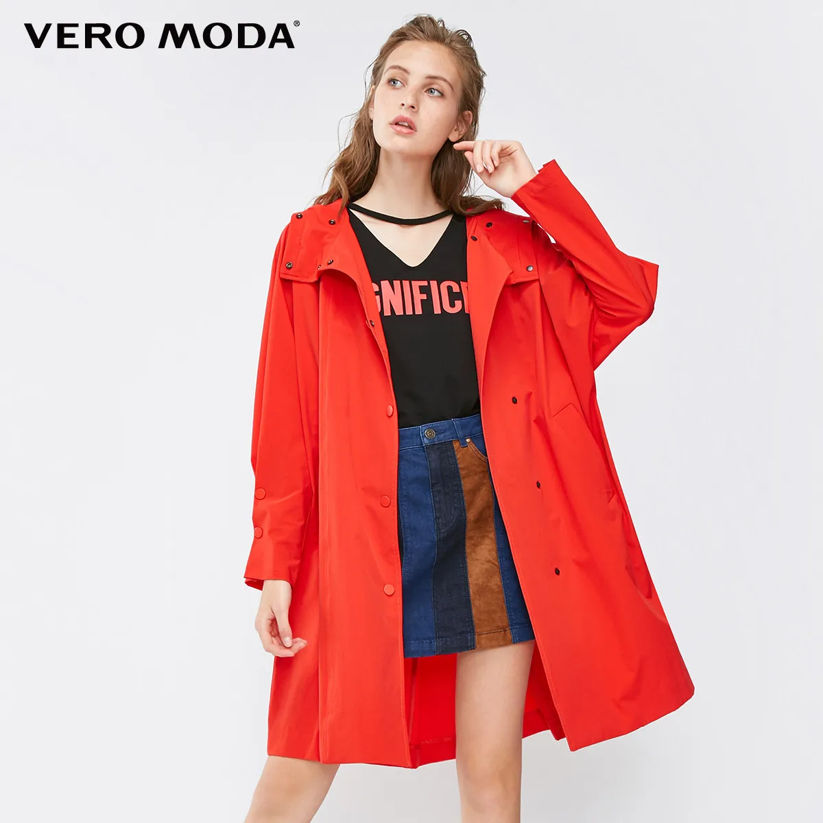 Flash red Vero Moda новые декоративные пуговицы с капюшоном регулируемые манжеты средней длины чистый ветер пальто Тренч | 318321532 - Цвет: Flash red