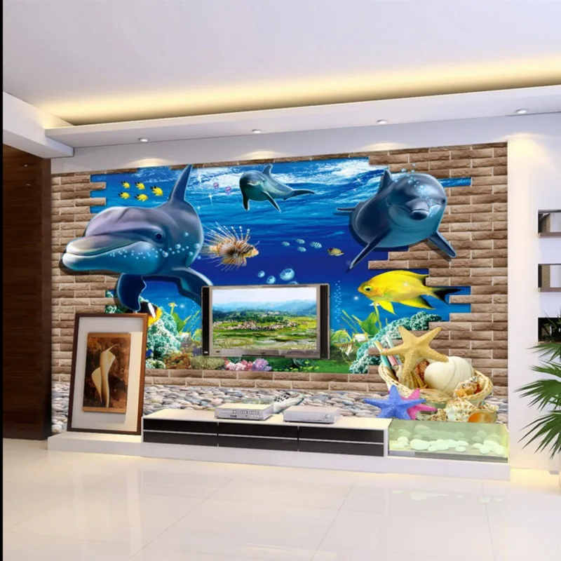 Пользовательские фото обои 3D стерео Приморский мир фрески с дельфинами ТВ фон