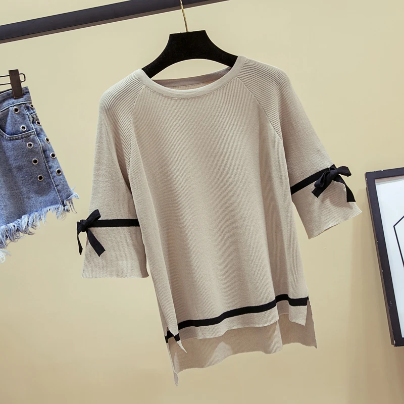 Новинка летняя вязаная футболка с бантом женские футболки полурукавами и