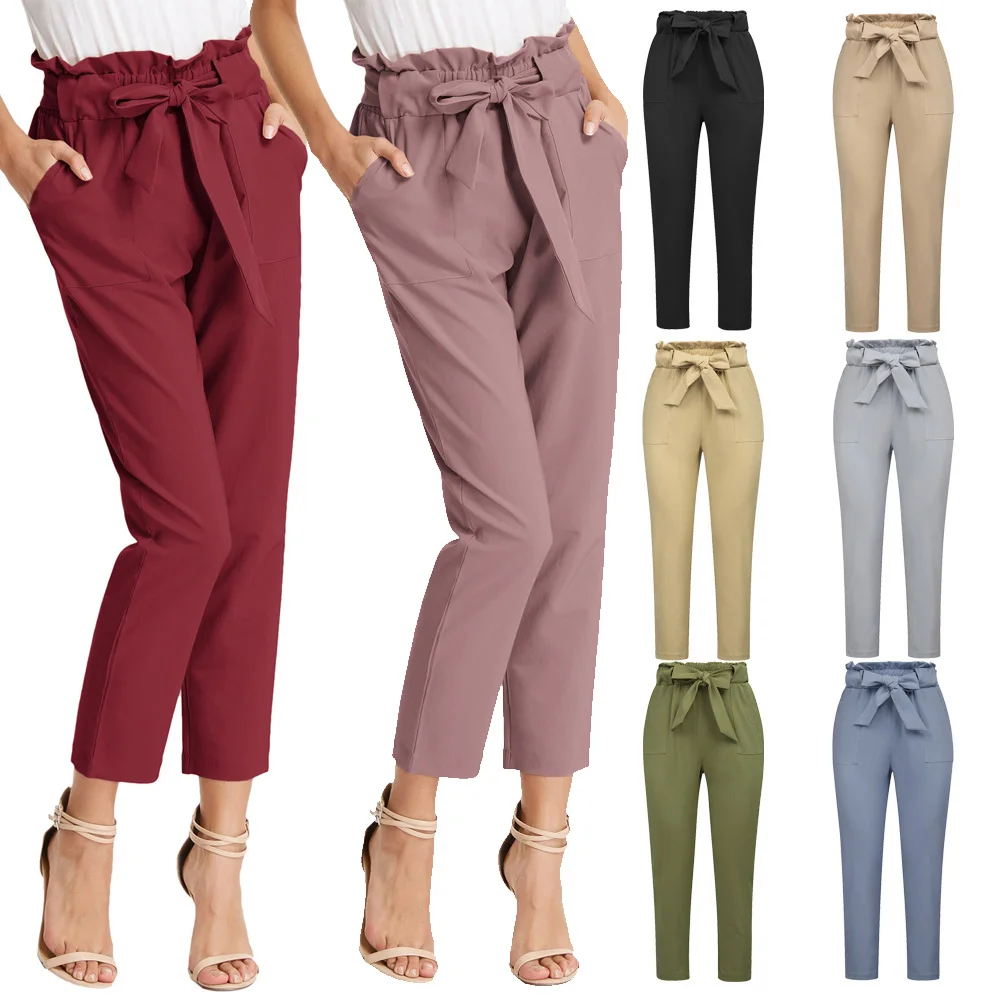 Обрезанные карманы бумажная сумка талия высокая офисный ремень черные брюки