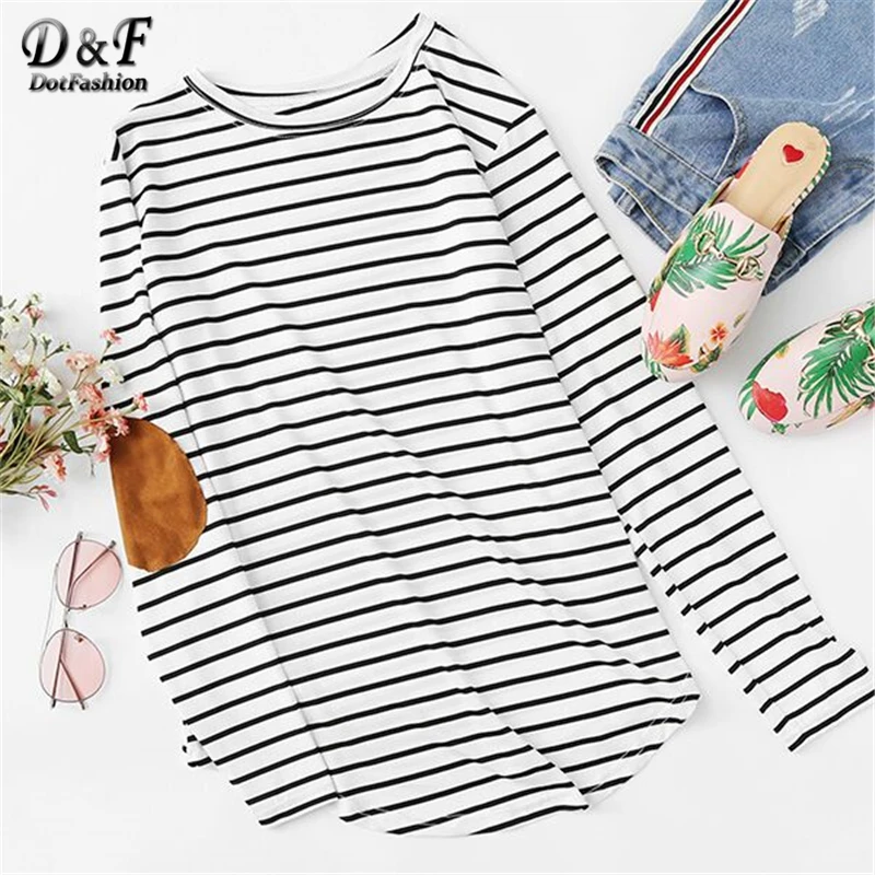Dotfashion, женские топы с длинным рукавом, женская одежда, женские рубашки, корейская мода, винтажная полосатая футболка с заплатками на локоть