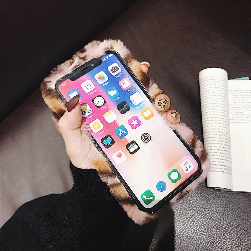 Модный теплый чехол с милым кроликом и пушистым леопардовым принтом для iPhone X XS Max